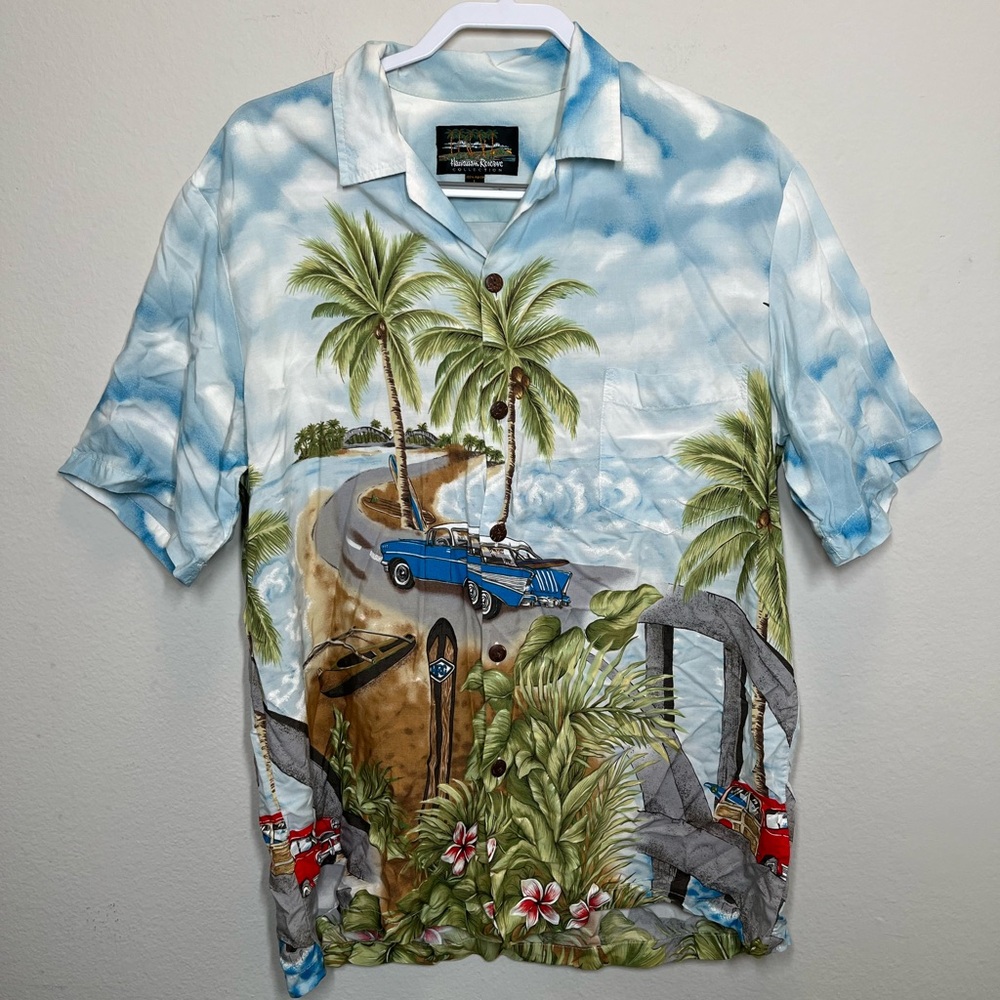 Hawaiian Reserve Retro Car Beach Scene Button Down Mens Size Large - Picture 1 of 6